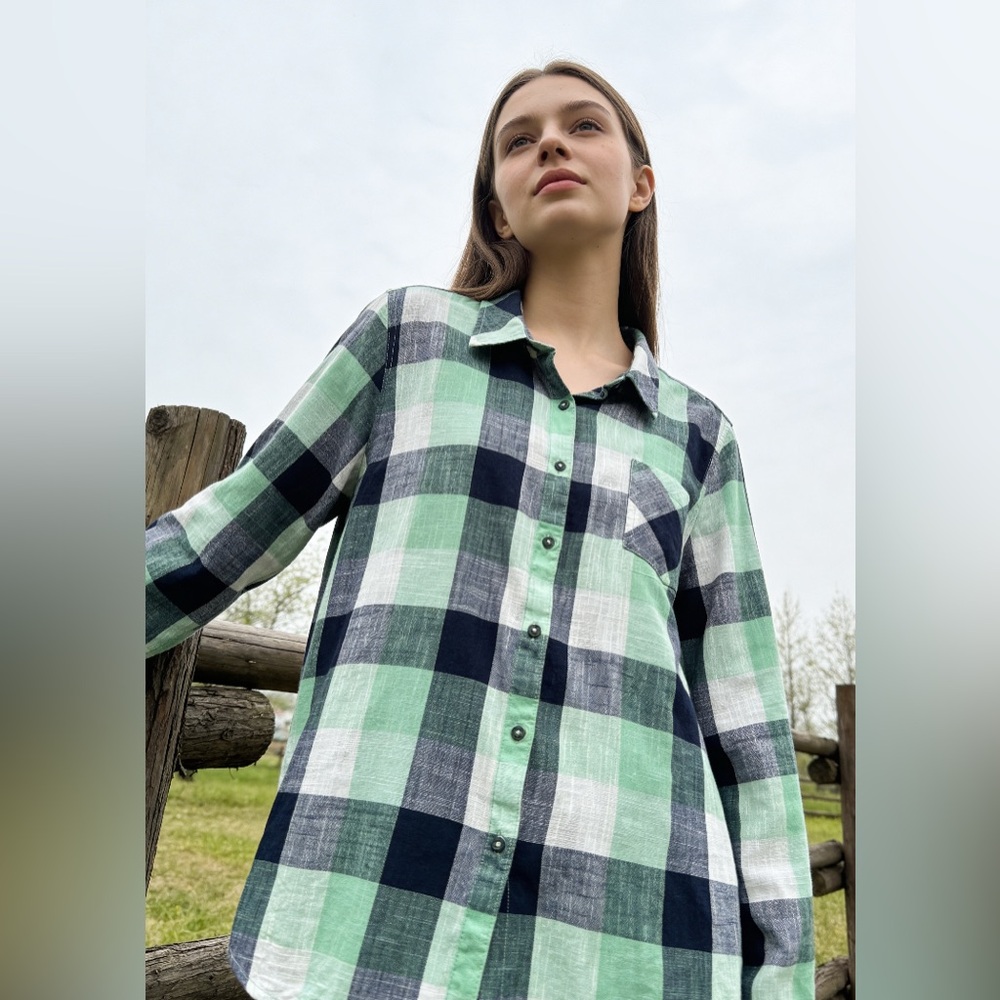 Natural Reflections Green and Navy Plaid Shirt